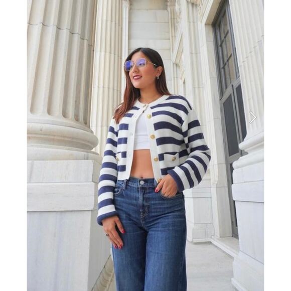 American Eagle Sweaters - American Eagle Navy Striped Cropped Crewneck Cardigan NWT XL Preppy Nautical